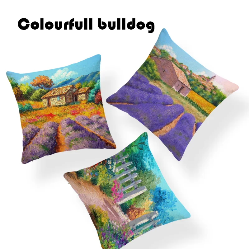 

Idyllic Country Scenery Pillowcase Lavender Sunflower House Forest Path Decoration Pillow Farmhouse Sofa Bedroom Cushion Cover