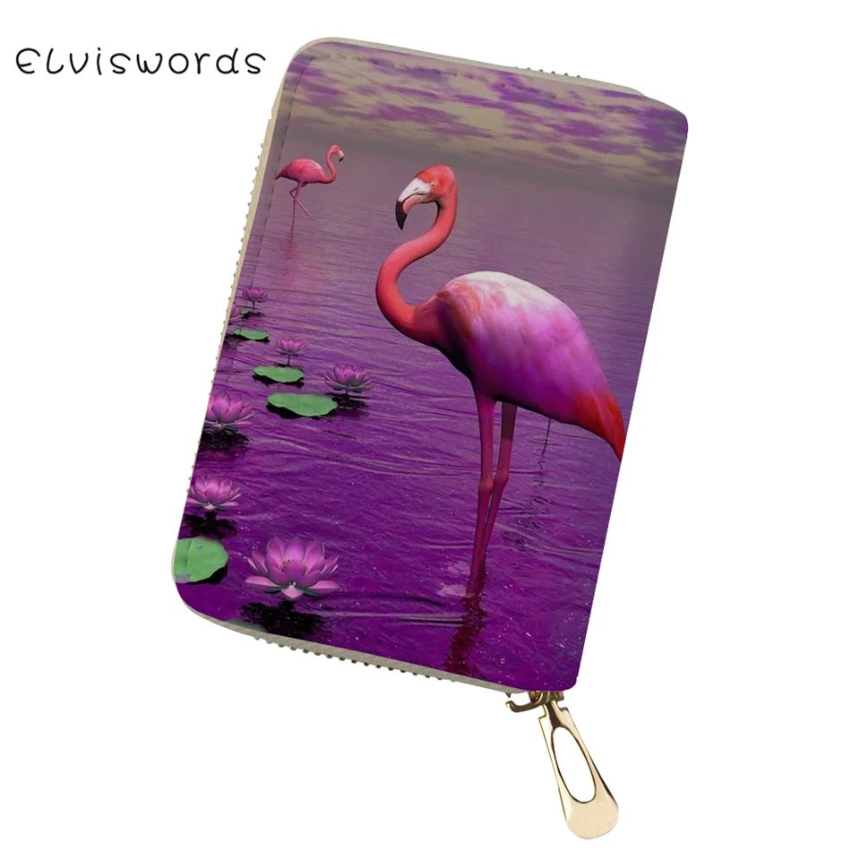

ELVISWORDS PU Business Card Holder Little Flamingos Prints Pattern Girls Money Purses Bags Women Fashion Lady Cluth Card Wallets