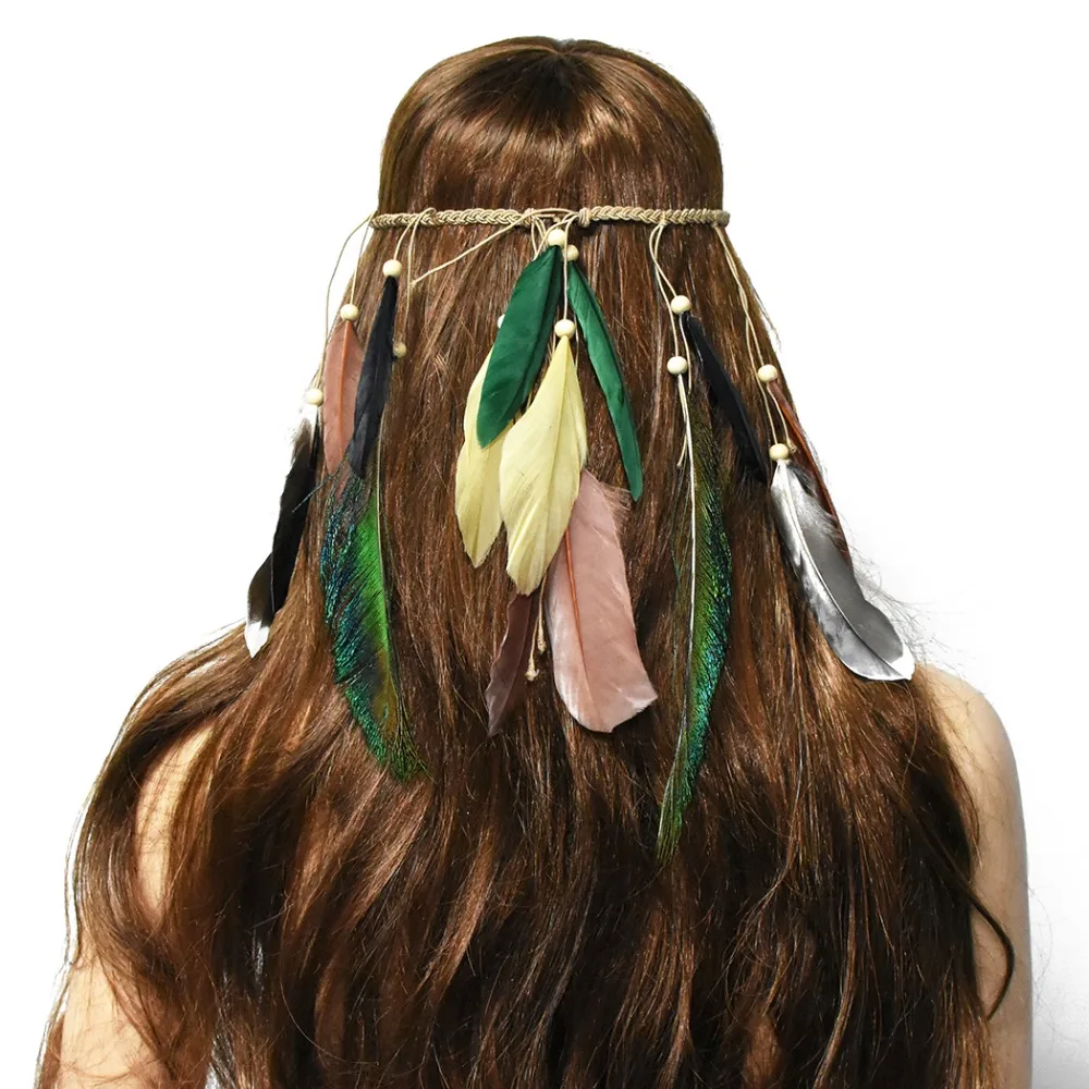 

Bohemian Peacock Feather Hippie Headband Headdress Wood Beaded Woven Rope Indian Headpiece Tribal Gypsy African Hair Accessories