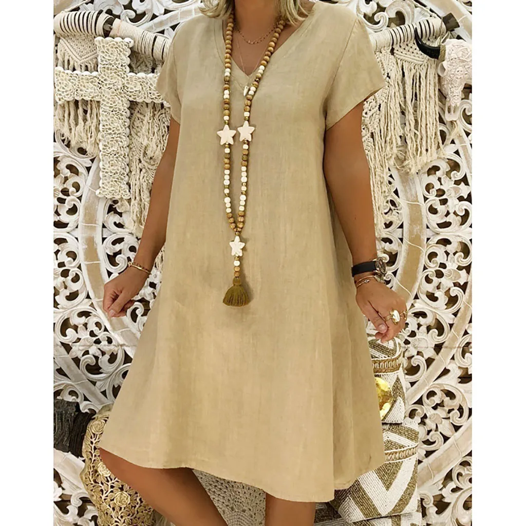 JAYCOSIN Spring New Casual V-Neck Cotton and Linen Dress Women Summer Style Cotton Casual Plus Size Ladies Dress 2020