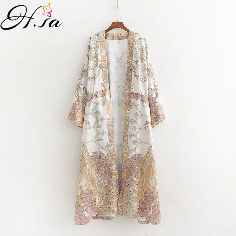  H.SA Vintage Women Floral Loose Shawl Kimono Cardigan Boho Long Shirt Casual Chiffon Bikini Cover U