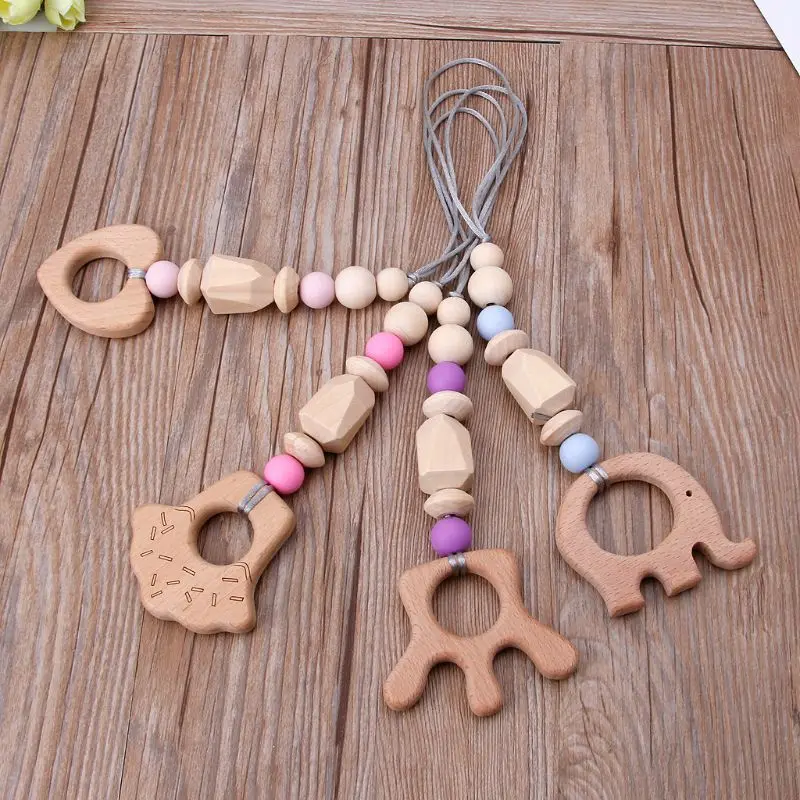 

Baby Wooden Animals Teether Rattle Chewable Silicone Beads Play Gym Stroller Toy Nursing Pendant Charms Teething Toys