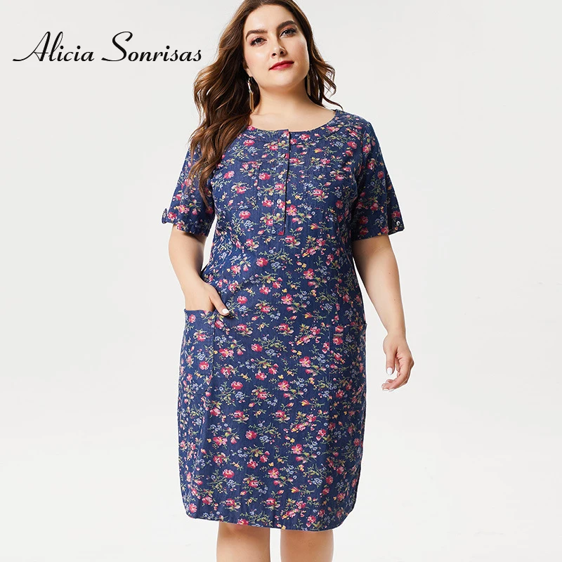 

Plus Size 4XL 5XL 6XL Summer Dress New 2019 Long Floral Printed O Neck Short Sleeve OL Blue Cotton Dresses ZPZ9105