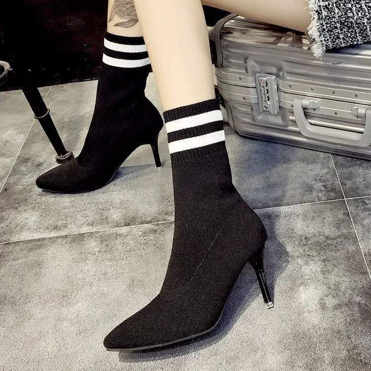 

2018 Winter Autumn Flock Stretch Boots Shoes Women High Heels 8CM Pointed Stiletto Martin Boots Gladiator Female Shoes Boots