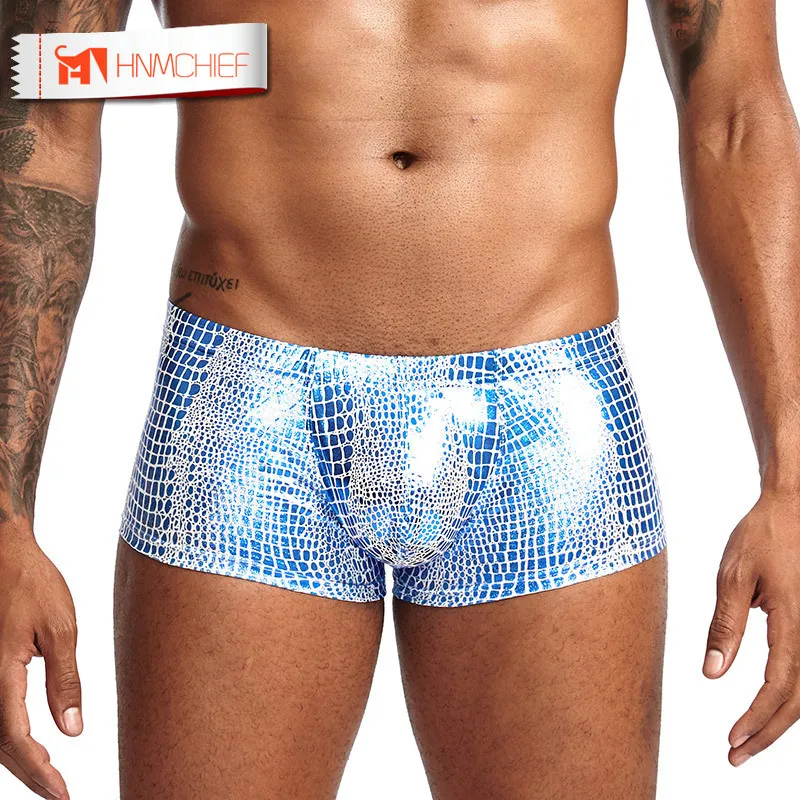 

HNMCHIEF Men Sexy Underwear Snake Skin Imitation Leather Boxers Mens Boxer Shorts U Convex Low Waist Male Panties Underpants
