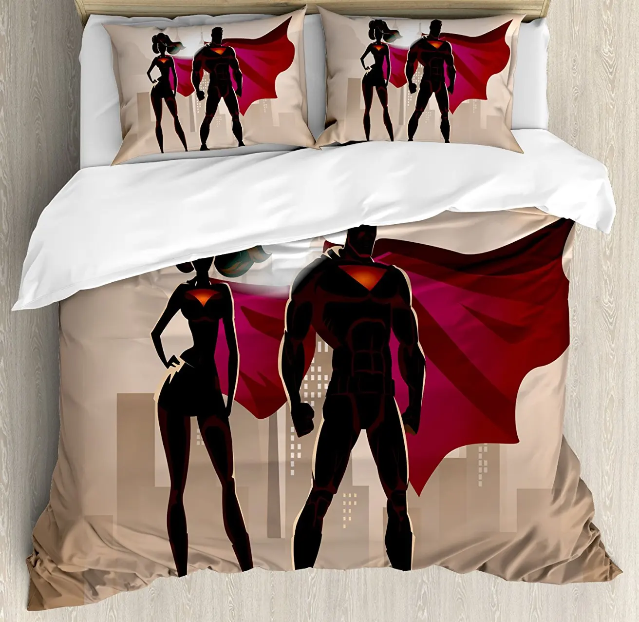 Superhero Duvet Cover Set Super Woman And Man Heroes In City