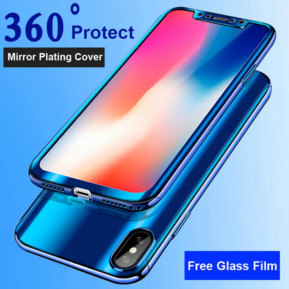 

360 Plating Mirror Case For iPhone X 8 7 6 6S Plus Cover Full Protection Cases For Samsung Galaxy S7 S8 S9 Note 8 Protector Film