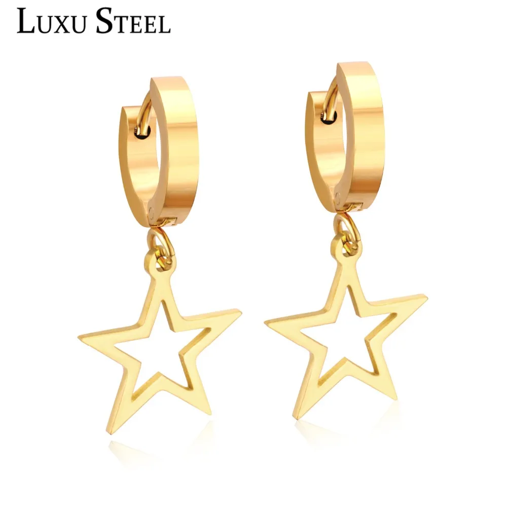 

LUXUSTEEL New Gold/Silver Color Star Pendants Round Hoop Earrings Stainless Steel Anti-allergy Earring Fashion Jewelry Gift