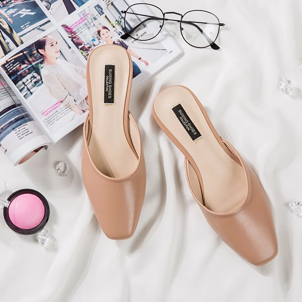 

small square toe mules women high quality leather summer slippers ladies low heeled slides shoes pantoufle femme flip flops 350