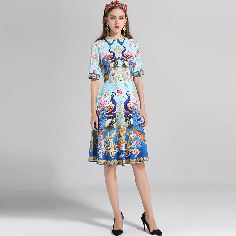 Buy 2018 New Summer Peacock Print Pleated Dress Women