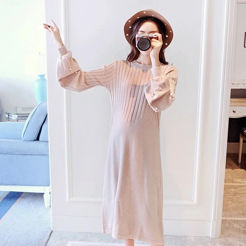 

High Quality 2018 Autumn Fashion Long Maternity Dresses Winter Long Sleeve Knitted Pregnant Clothes Dresses For Pregnancy Woman