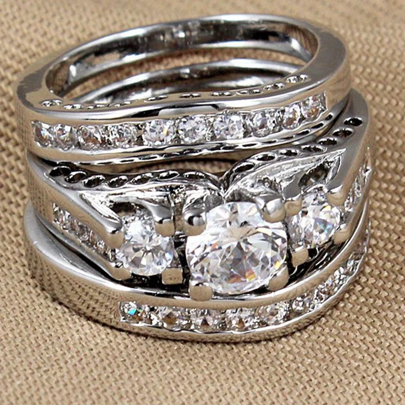 Size 4-12 White Gold Rhodium Plated Engagement Wedding Three-in-One Ring Pair Set Cocktail Party Mother's Day Gifts Daughter