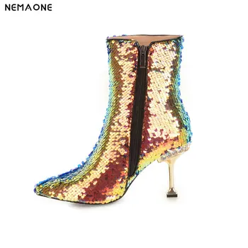 

NEMAONE New allochroic bling women high heels ankle boots winter warm dancing shoes woman ladies party dress shoes size 42 43