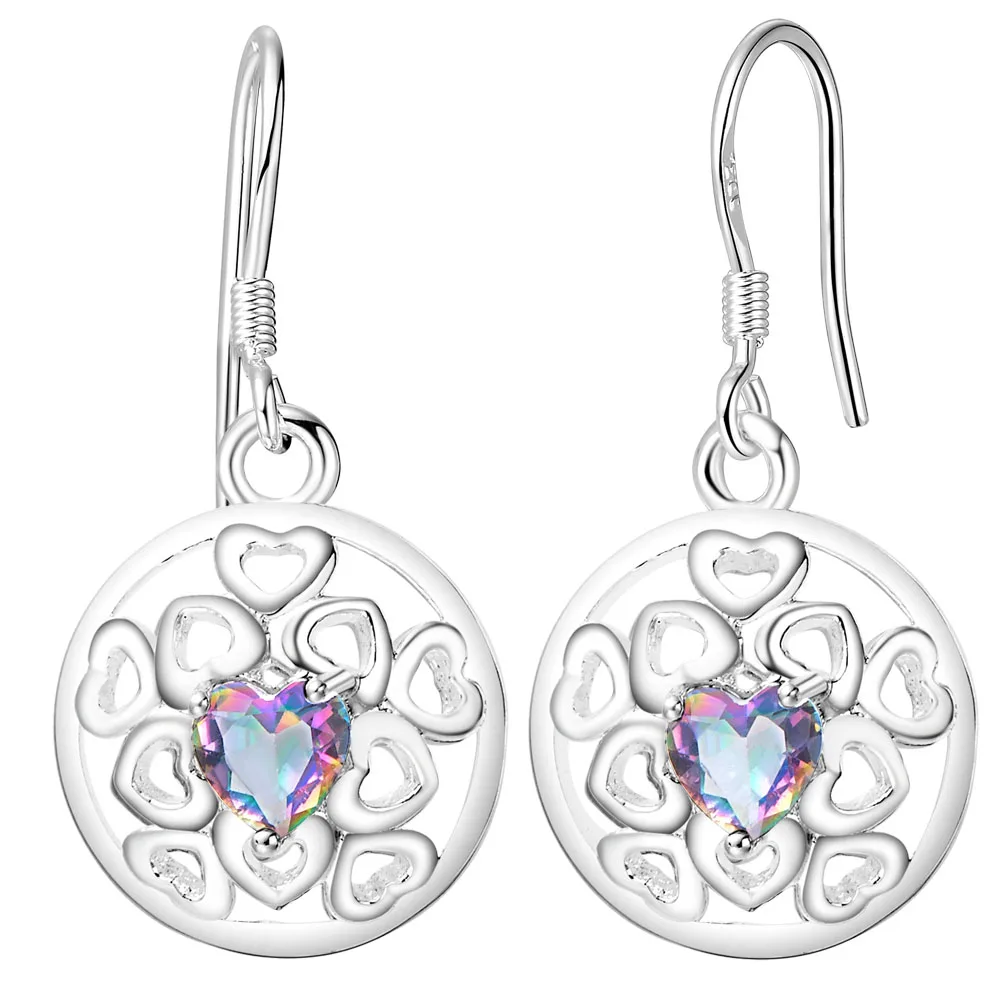 

Exquisite Brand NEW Hollow Round Silver Plated Jewelry Earrings Rainbow Stone LADIES' Earrings connected heart