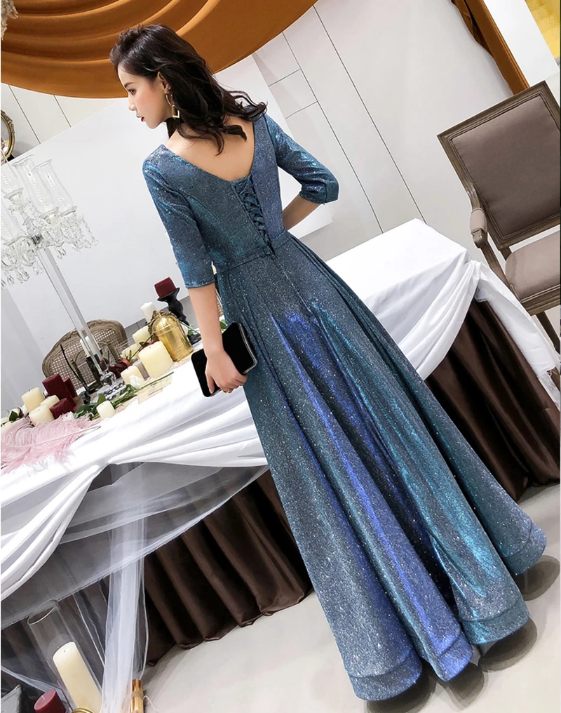 Evening Dresses Long Pretty Sexy Friendly Fabric Half Sleeves O-neck Ruched Beading Sparkle New Formal Party Gowns 2019 Evening Dresses Long Pretty Sexy Friendly Fabric Half Sleeves O-neck Ruched Beading Sparkle New Formal Party Gowns 2019