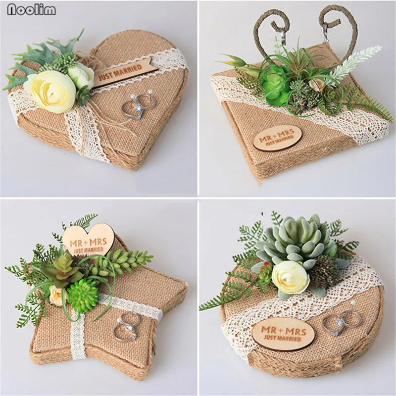 

Handmade Forest Succulents Ring Pillow Personality Retro Creative Wedding Bride Wooden Ring Pillow Box Rustic Wedding Decoration