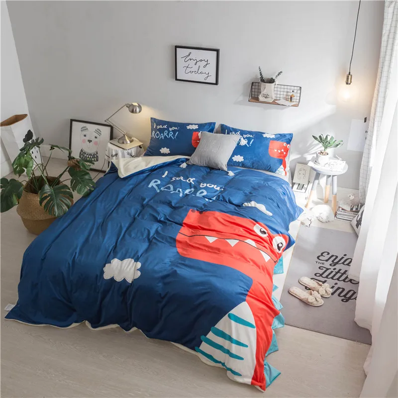 

Cartoon Mr. Dinosaur Velvet Warm Winter Fleece Bedding Set Duvet Cover Bed Linen Bed sheet Pillowcases Gift for Children
