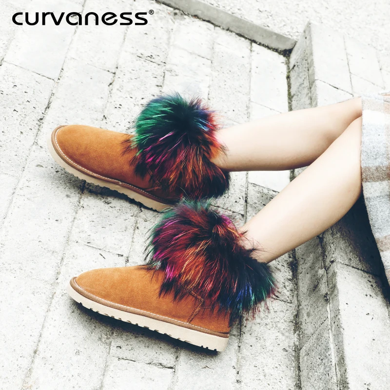 

Curvaness 2018 New Real Cowhide Snow Boots Colorful Fur Flat Boots Casual Plus Velvet Thick Snow Boots Women