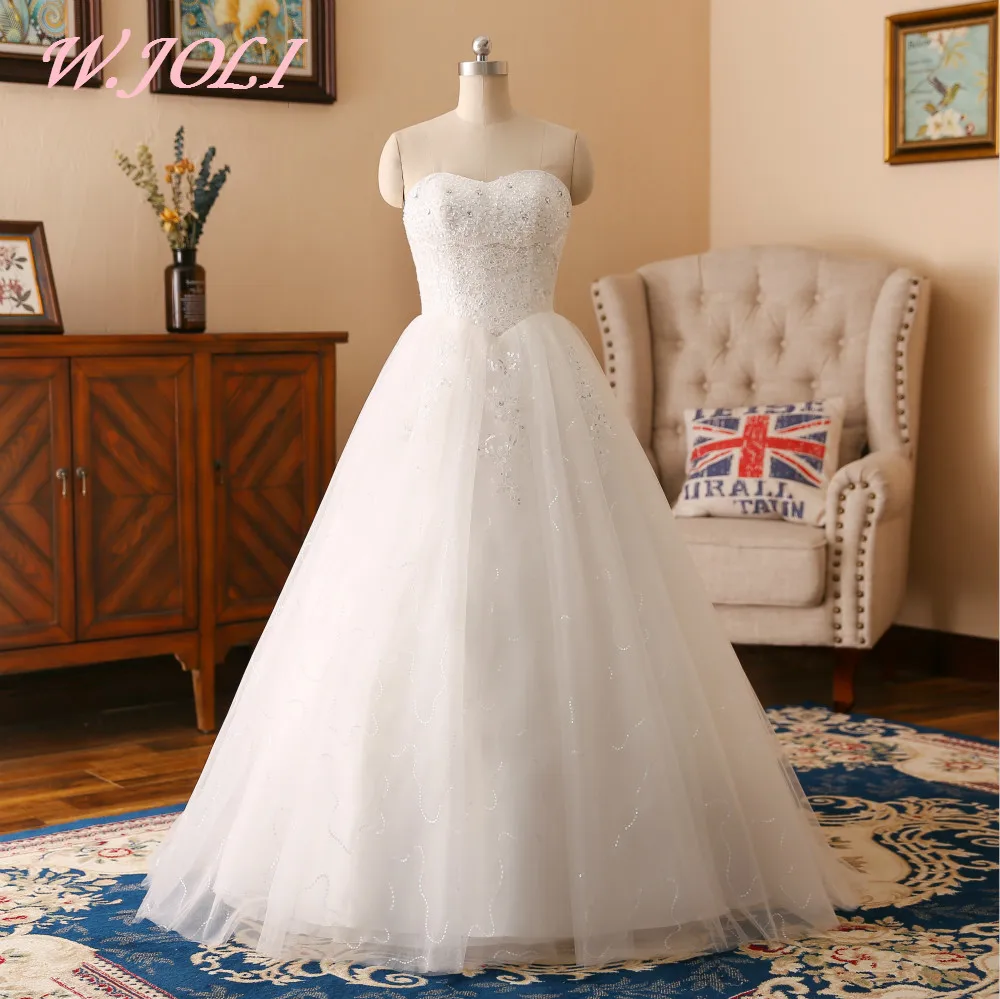 

W.JOLI Newest Long Wedding Dresses Luxury Glitter Crystal Beading Sequined Ball Gown Lace Up Strapless Elegant Wedding Dress