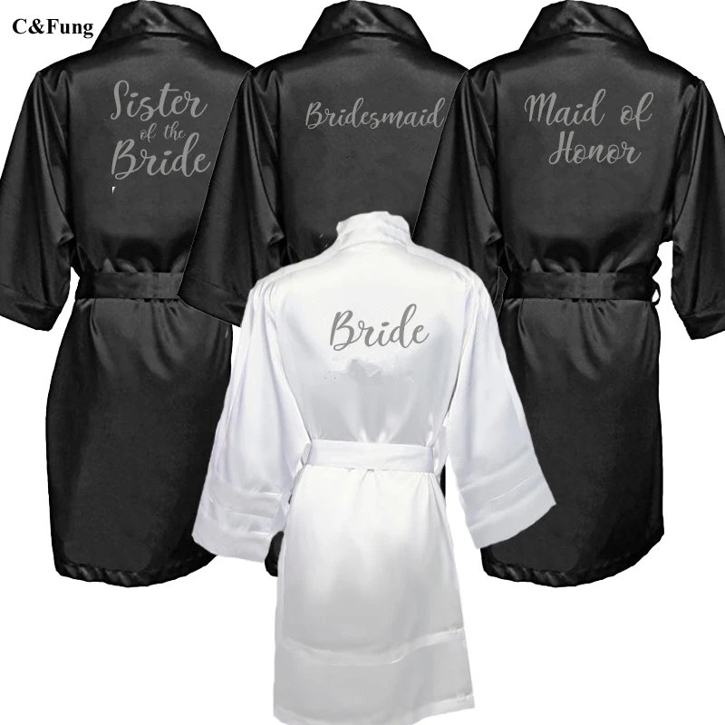 

C&Fung black robe silver grey writing sister of the bride satin robe bridal party getting ready robes wedding bridesmaid gift