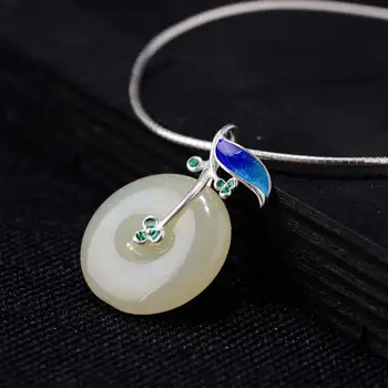 

FNJ 925 Silver Flower Pendant for Jewelry Making Round Natural Hetian Jade Original Pure S925 Sterling Silver Pendants Women