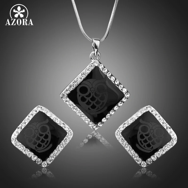 

AZORA Elegant White Gold Color Black Square Austrian Crystal Painting Necklace and Earrings Jewelry Sets TG0217