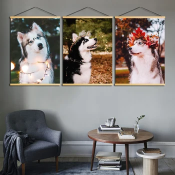 

Home Decoration Wall Art Painting Husky Pet Dog Lovely Print Canvas Solid Wood Hanging Scrolls Animal Nordic Style Modern Poster