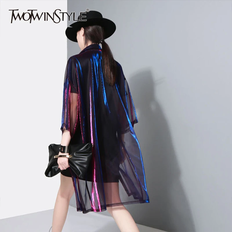 

TWOTWINSTYLE 2019 Summer Women Transparent Basic Coat Windbreaker Half Sleeve Colorful Long Shirts Blouse Cardigan Big Sizes New