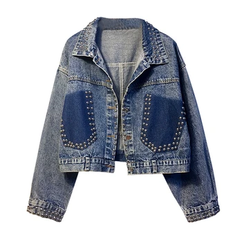 

Vintage Spring Autumn Women Short Denim Jacket Fashion Beading Loose Plus size Denim coat Harajuku Jeans Jacket Women Basic coat