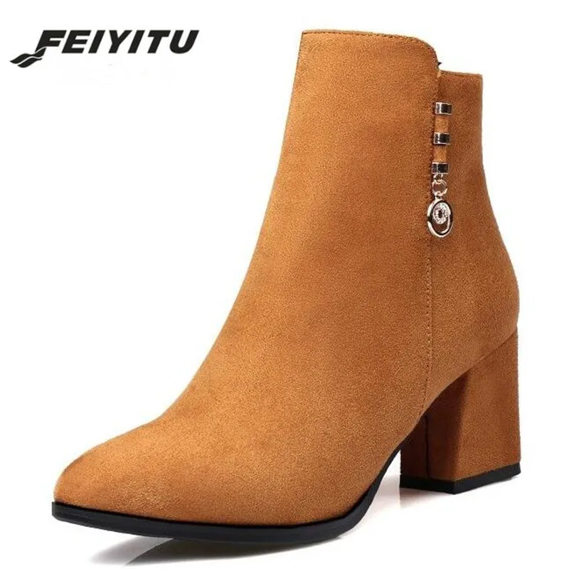 

feiyitu New Women Suede Ankle Boots Fashion Square Toe Thick Heel Women High Heel Boots Gray Black Yellow Plus size 34-43