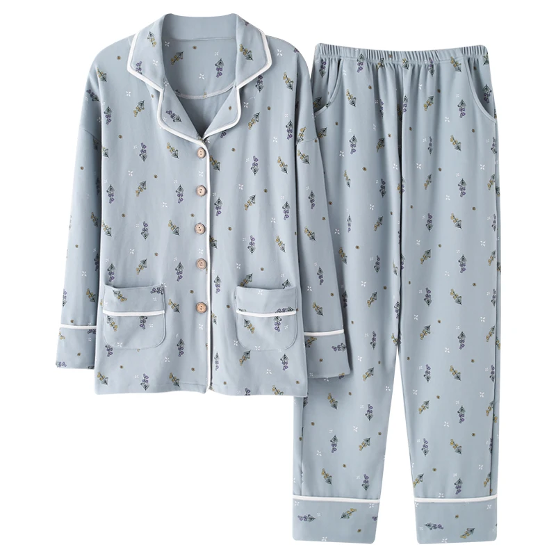 

Autumn 100%Cotton Floral Women's Long Sleeve Pajamas Set Comfortable Soft Cardigan Loose Plus Size M-3XL Female Homewear Clothes