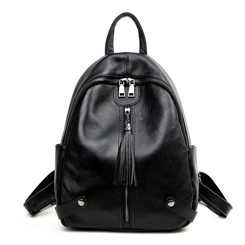 Preppy style Women s Rucksack Natural Leather Cowhide Female School Bag for Teenager Tassel Daily