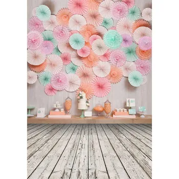 

Paper Flowers Photography Backdrops Dessert Table Wooden Floor Backgrounds for Photo Studio Children Kids Baby Shower Customized