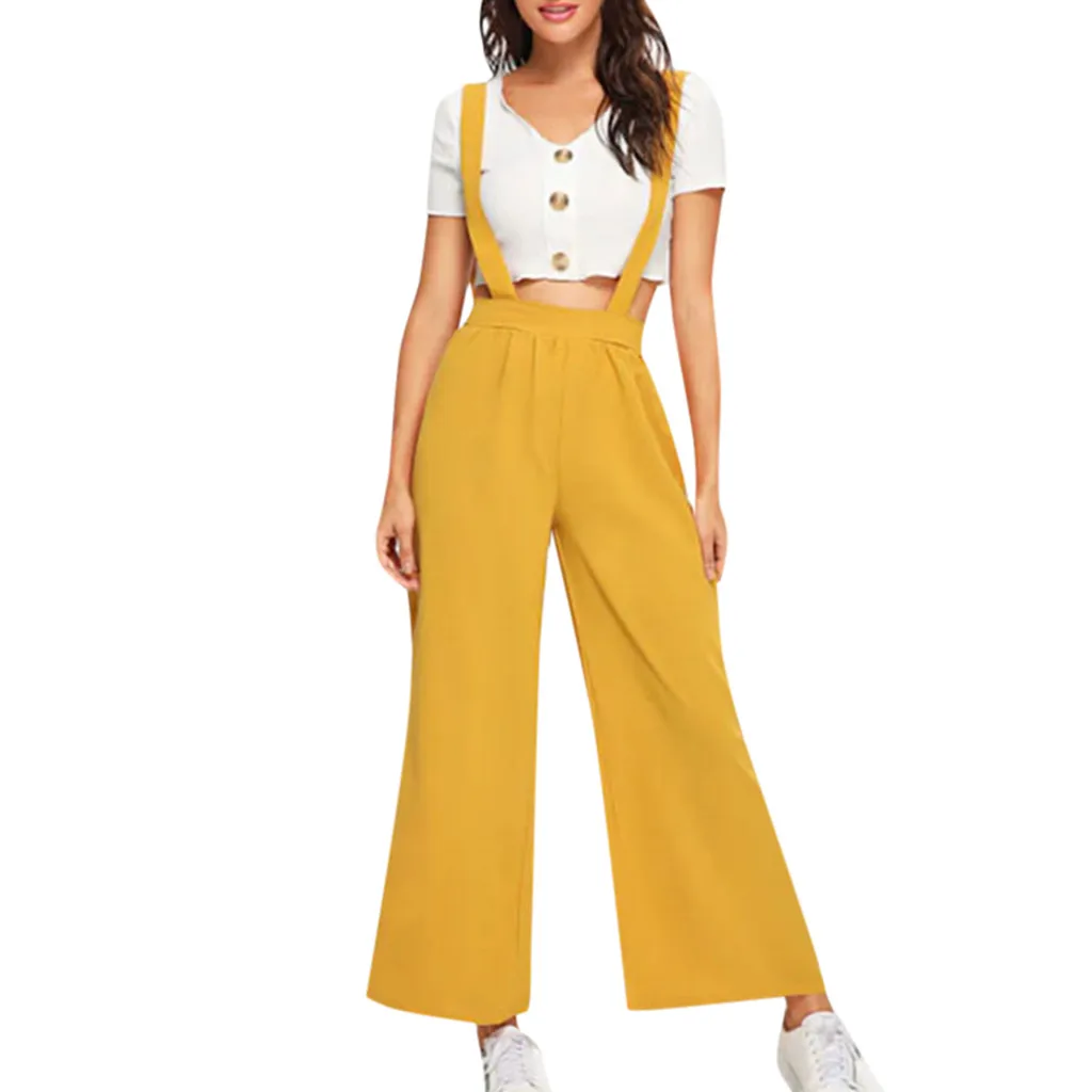 

Summer Fashion Holiday Loose Women Yellow Leisure Chiffon Slim High-Waist Loose Solid Belt Jumpsuit Pants Trousers L325