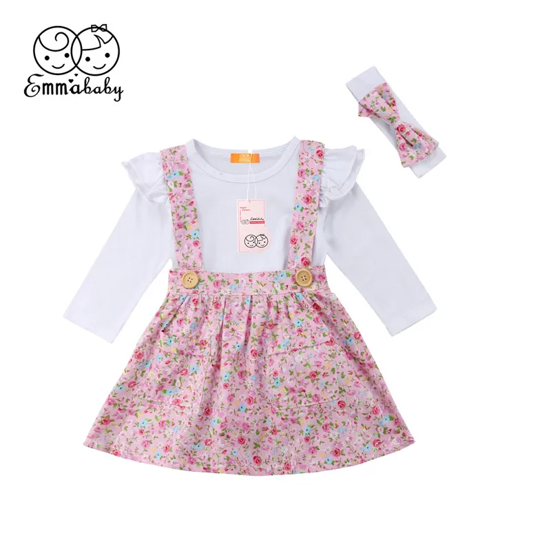 

Emmababy Baby Girls arrival Spring 3 PCS Clothing Sets Long Sleeve Pullover Solid White Tops Smashed Flower Strap Dress Headwear