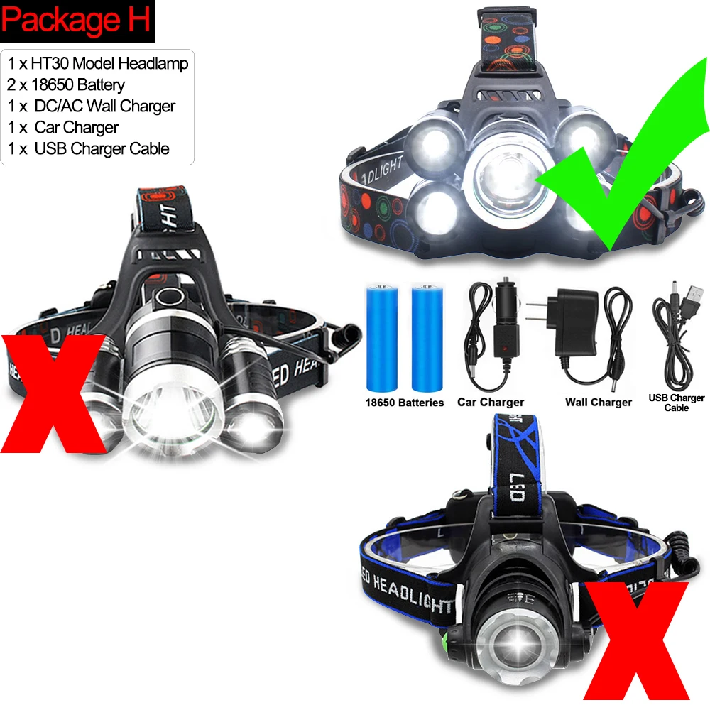 50000LM светодиодный налобный фонарь мощный T6 светодиодный головной светильник Водонепроницаемый головной светильник головной Фонарь налобный фонарь с Перезаряжаемые 18650 Батарея - Испускаемый цвет: Package H