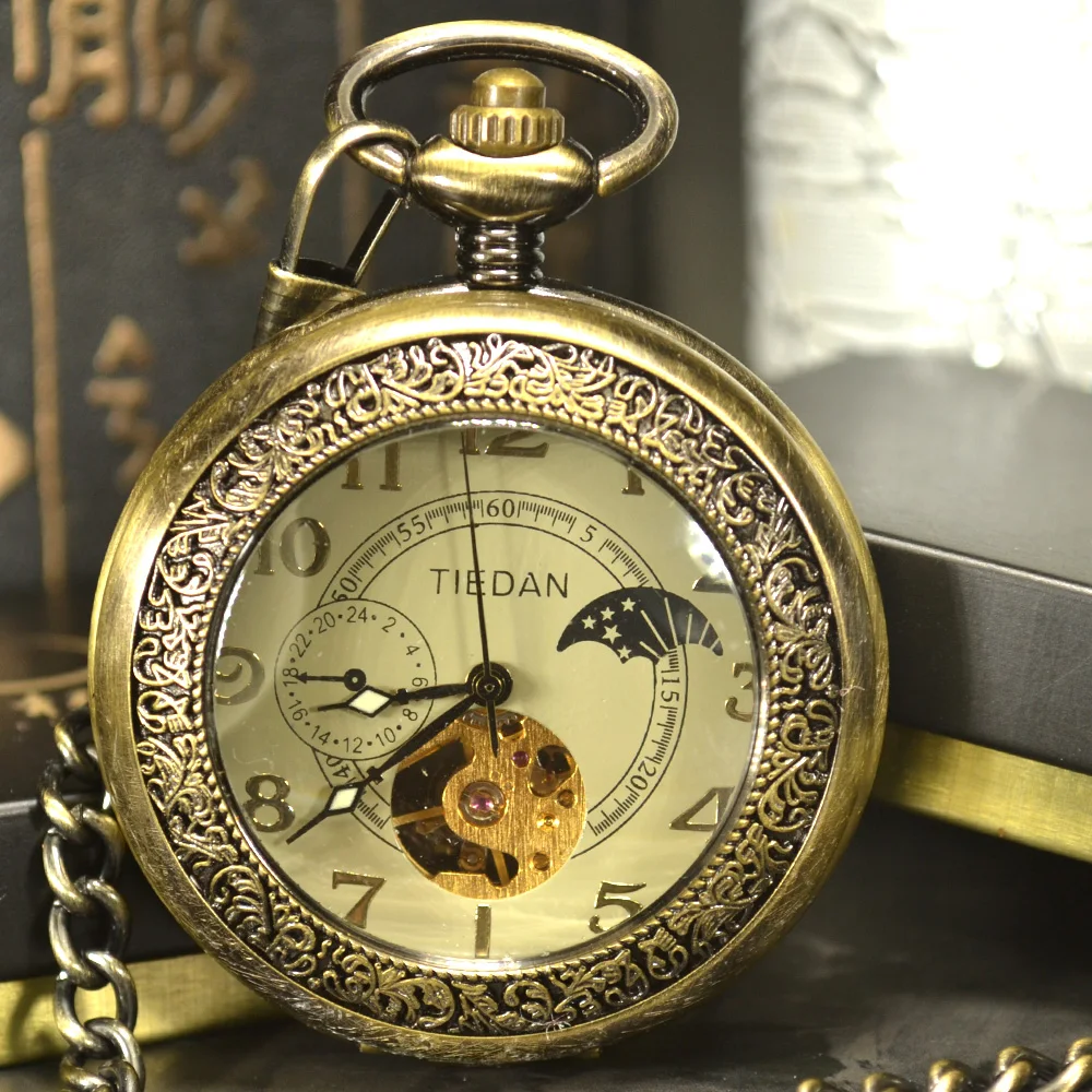 Luxo Skeleton Bronze Retro Relógio de Bolso Antigo Esqueleto Mecânica Pocket Ver Colar Cadeia Homens de Negócios & Fob Relógios