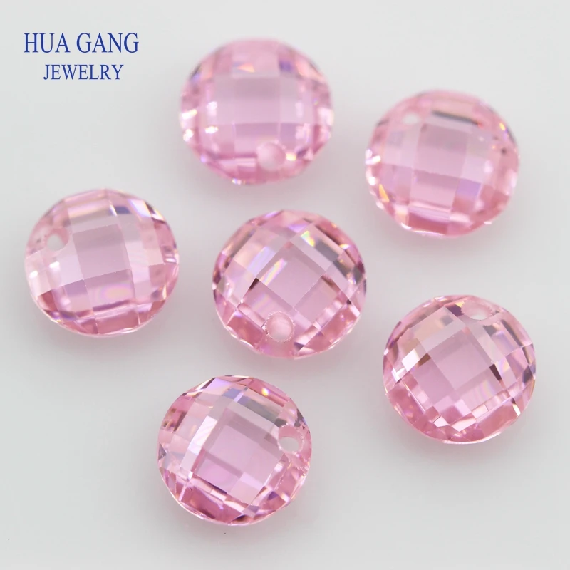 Single Hole Pink AAAAA Round Brilliant Pink Double Checkerboard Cubic Zirconia Stone 3~14mm For DIY Jewelry Making Beads