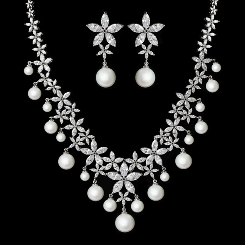 High end fashion bride necklace jewelry wedding silver plated zircon necklace earrings quality