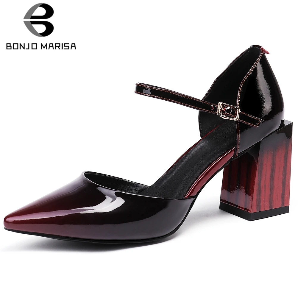 

BONJOMARISA New 2019 Large Size 33-43 Genuine Leather Mix Color Elegant Sandals Woman Shoes Chunky Heels Shoes Woman Sandals