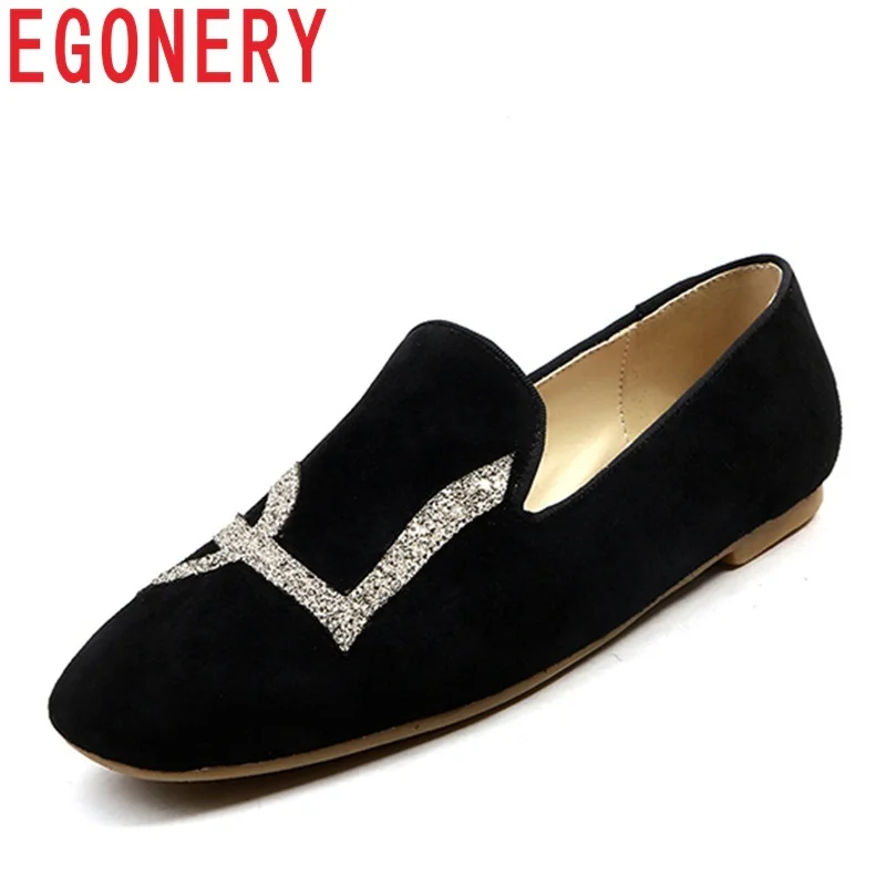 

EGONERY spring 2018 new style fashion mixed colors bling kid suede fashion square toe slip-on large size casual women flats