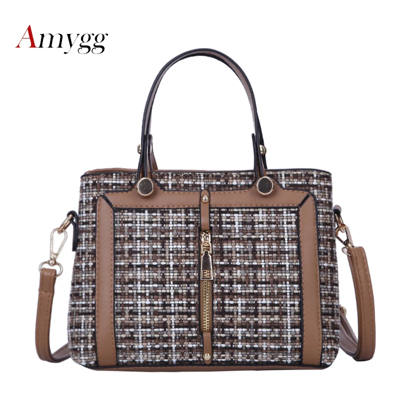 

Khaki Knit Leather+Wool Bags For Women 2019 Luxury Plaid Handbags Women Bags Designer Messenger Bag Famous Brand Bolsa Feminina