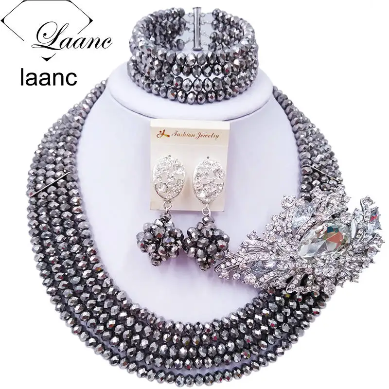 

Laanc Handmade Silver Crystal Beaded Necklace Nigerian Wedding African Beads Jewelry Set for Women 5DS027