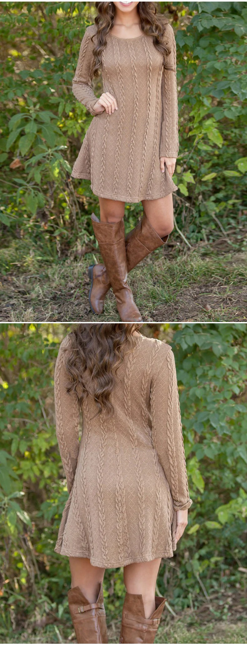 light brown Long Sleeve Knitted Sweaters Dress