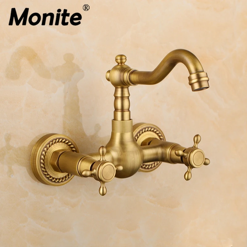 Monite 360 Поворотный античный латунный Смеситель для ванной комнаты Смеситель для ванной кран с двумя ручками настенный кухонная раковина смеситель кран