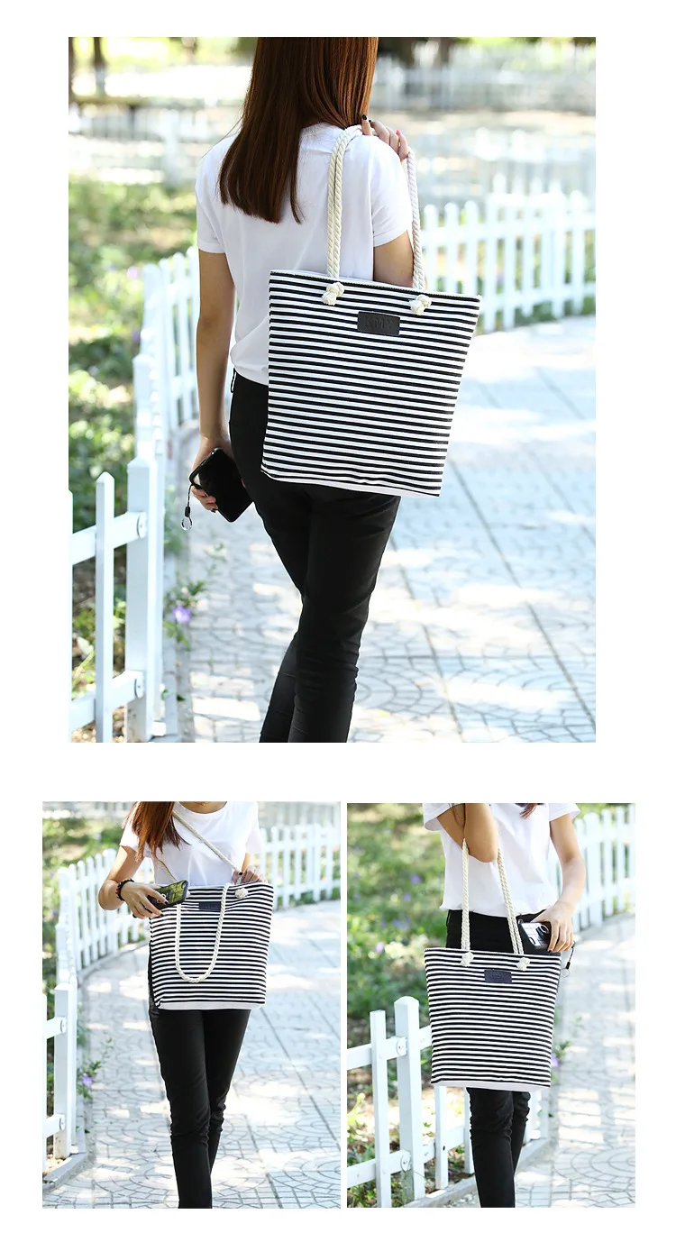 ZYJ Female Striped Canvas Shoulder Casual Tote Bag Pack Drawstring Hemp Rope Handbag Shopping Hand Bucket Grocery Beach Bag (15)
