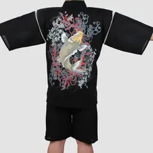 Для мужчин хлопок кимоно юката костюм Для мужчин традиционные японские пижамный комплект короткий рукав спортивный костюм топ и штаны с рыбой вышивки