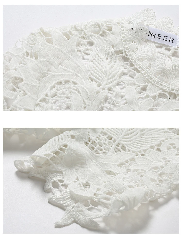 White Lace Stitching Mesh Gauze O-Neck Short Sleeve Mid-Calf Dress in Dresses