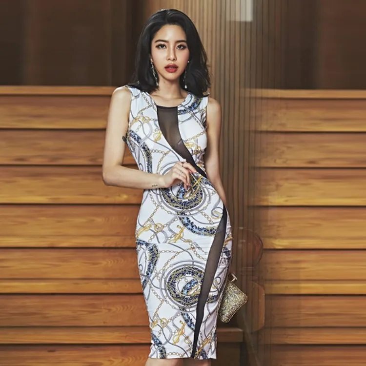 

Sexy Transparent Mesh Patchwork Chain Print Bodycon Dress Women Sleeveless Summer Dress Backless Club pencil Dress