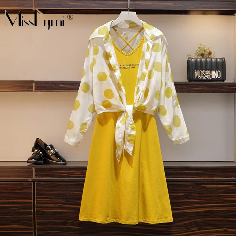

XL-4XL Plus Size Women Two Piece Dress Summer 2019 Polka Dot Long Sleeve Blouse and Cotton Spaghetti Strap Backless Dresses